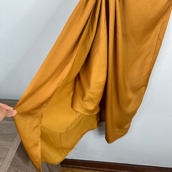 ASOS Golden Yellow Twist Front Satin Cutout Pencil Dress - Picture 3 of 11